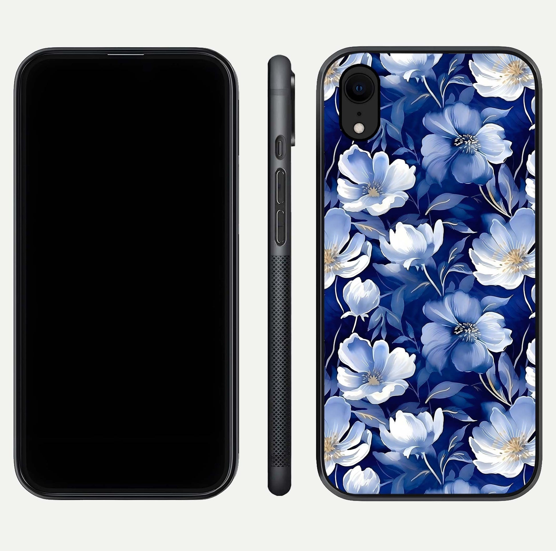 Cute Floral Patterns Glass Case for iPhone Xr dual-view layout displaying HD floral print and curved edges