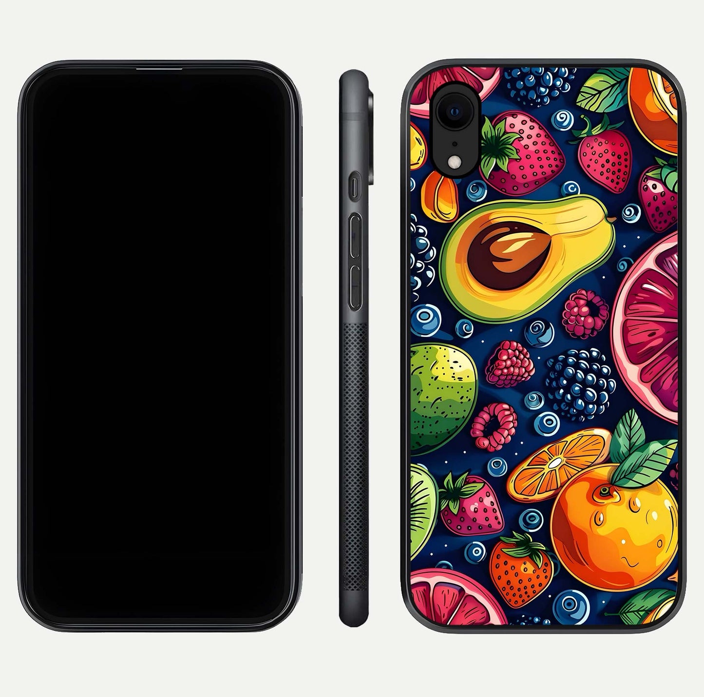 Cute Fruits Art Glass Case for iPhone Xr dual-view layout displaying playful tones and curved design