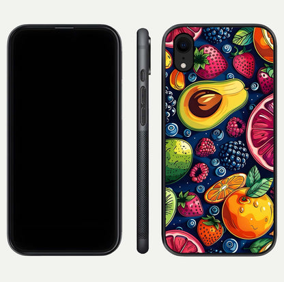 Cute Fruits Art Glass Case for iPhone Xr dual-view layout displaying playful tones and curved design