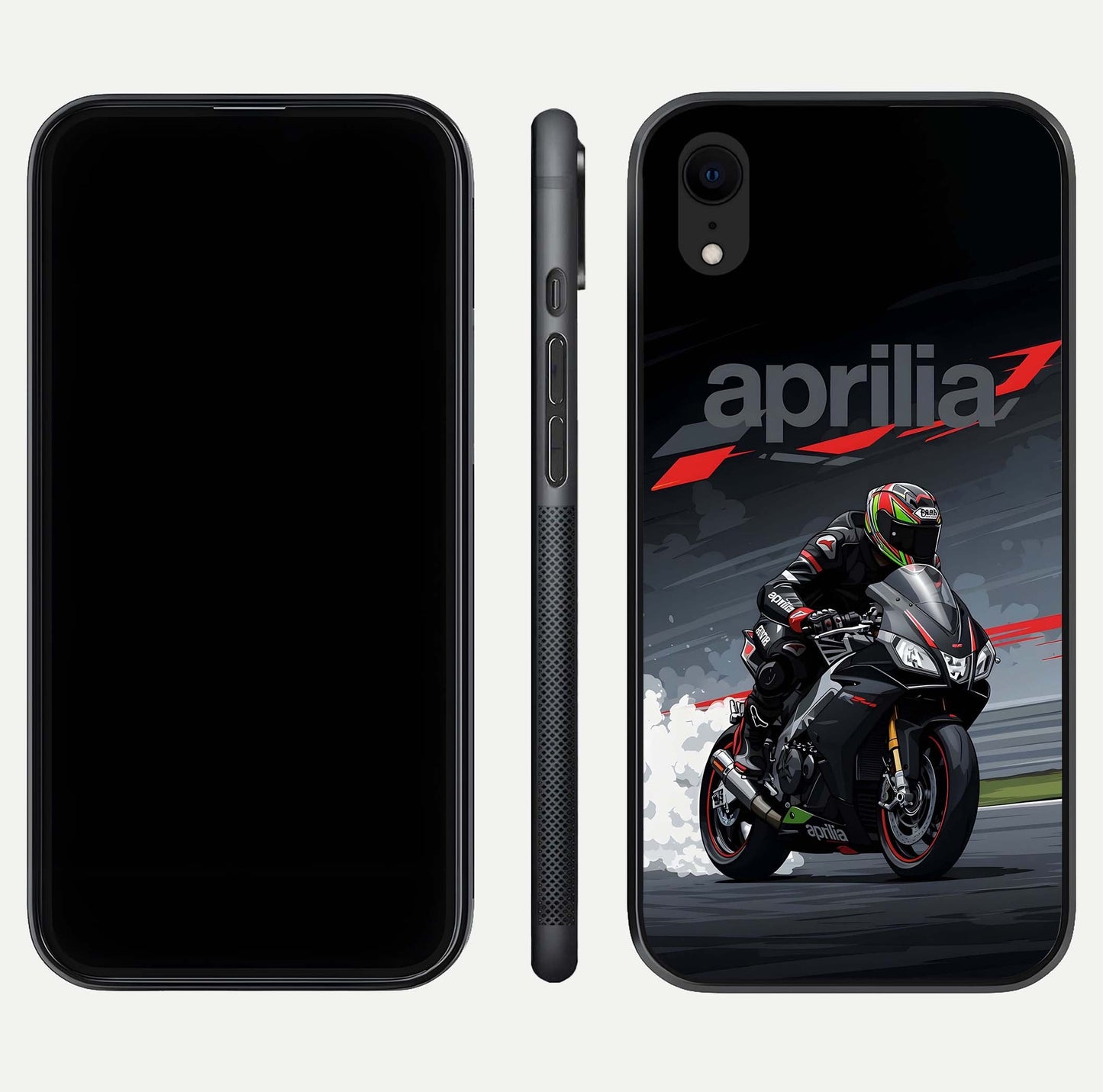 Dark Aprilla Glass Case for iPhone Xr dual-view layout displaying sleek racing look and HD shine