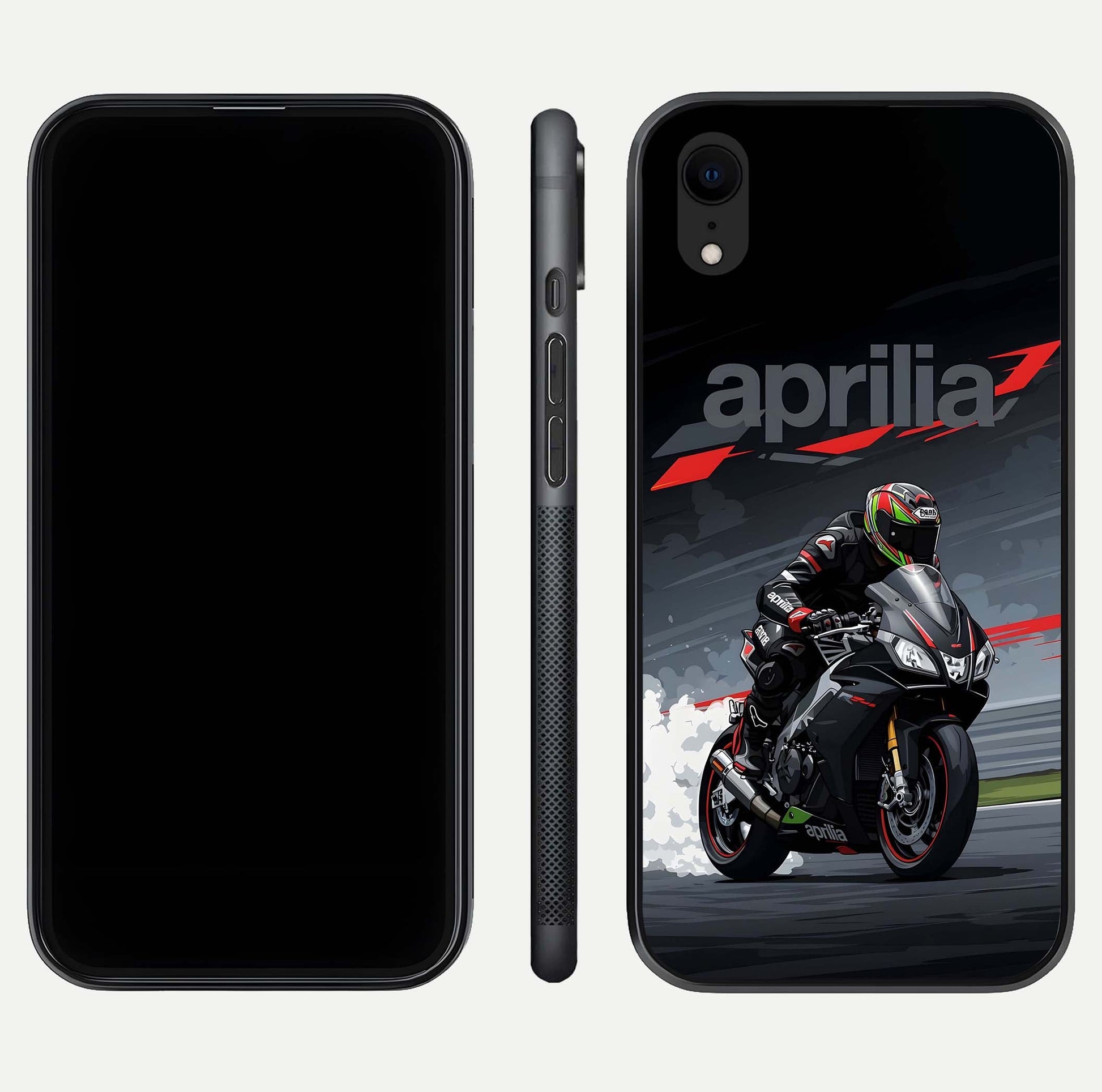Dark Aprilla Glass Case for iPhone Xr dual-view layout displaying sleek racing look and HD shine