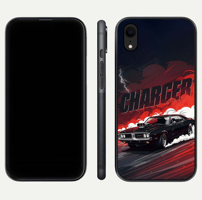 Dark Charger Fury Glass Case for iPhone Xr dual-view layout displaying HD design and polished edges