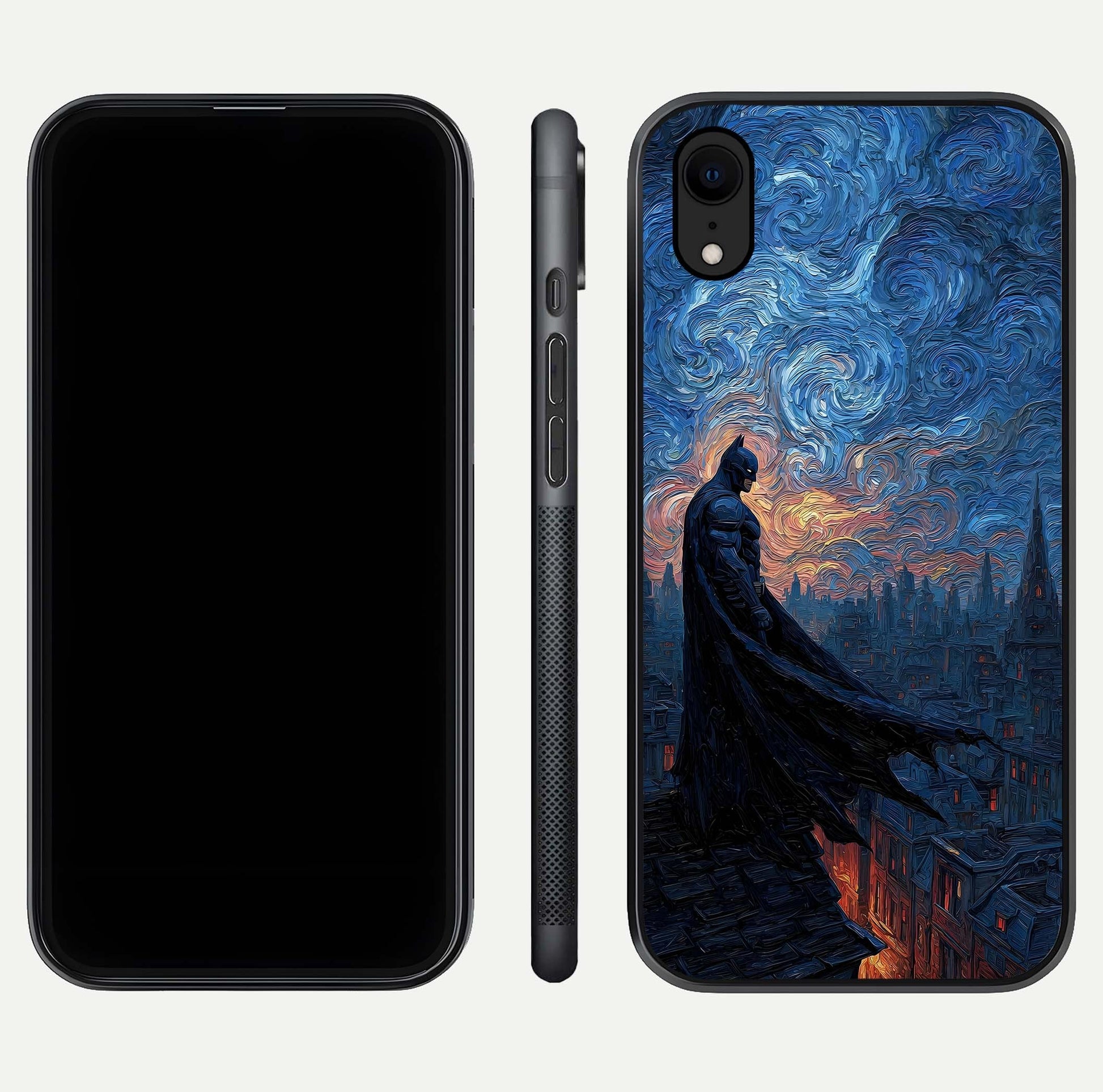 Dark Knight Dusk Glass Case for iPhone Xr dual-view layout displaying HD hero print and curved glass edges