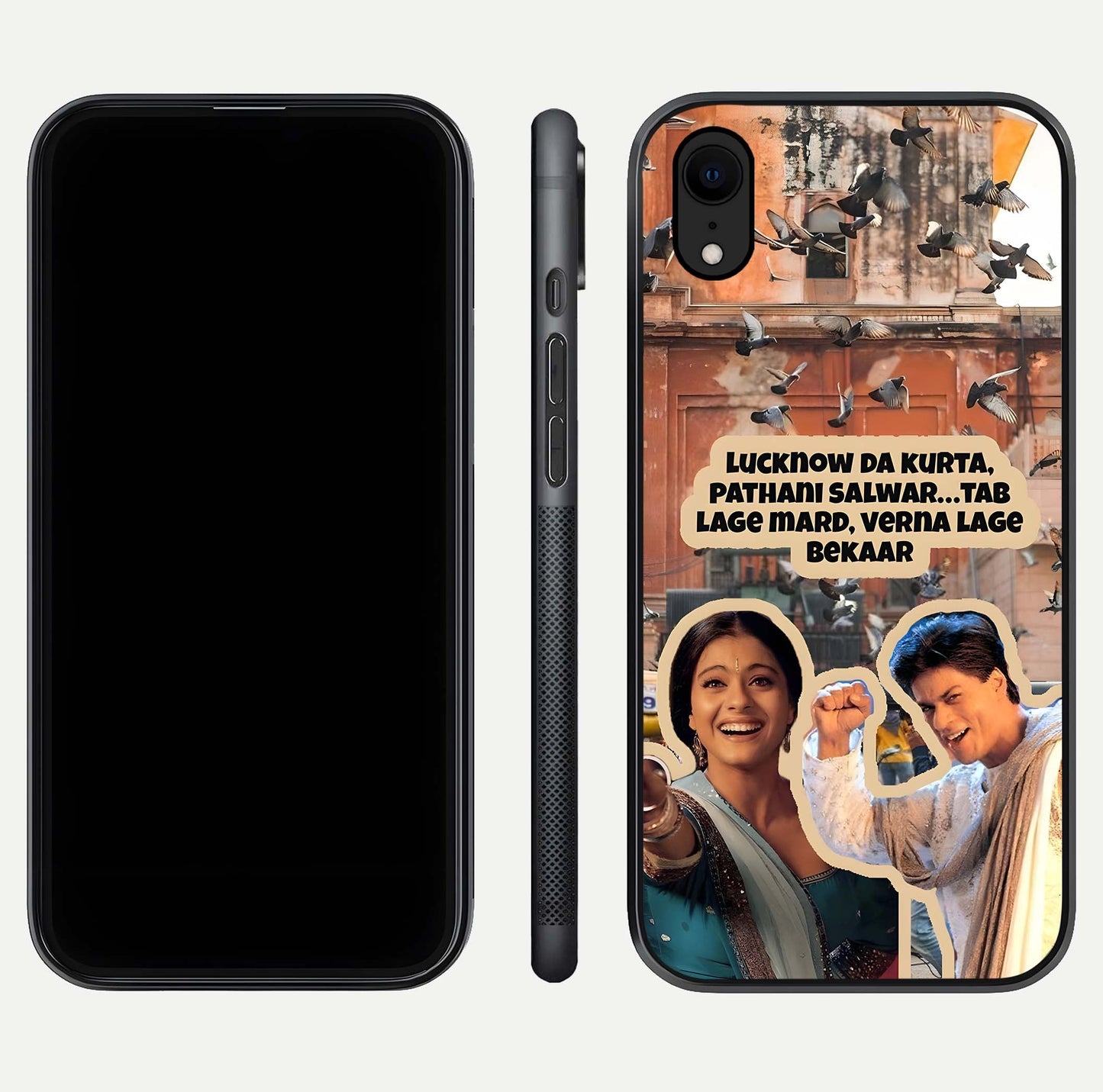 Desi Retro Vibes Glass Case for iPhone Xr dual-view layout showing nostalgic design and smooth glass curve