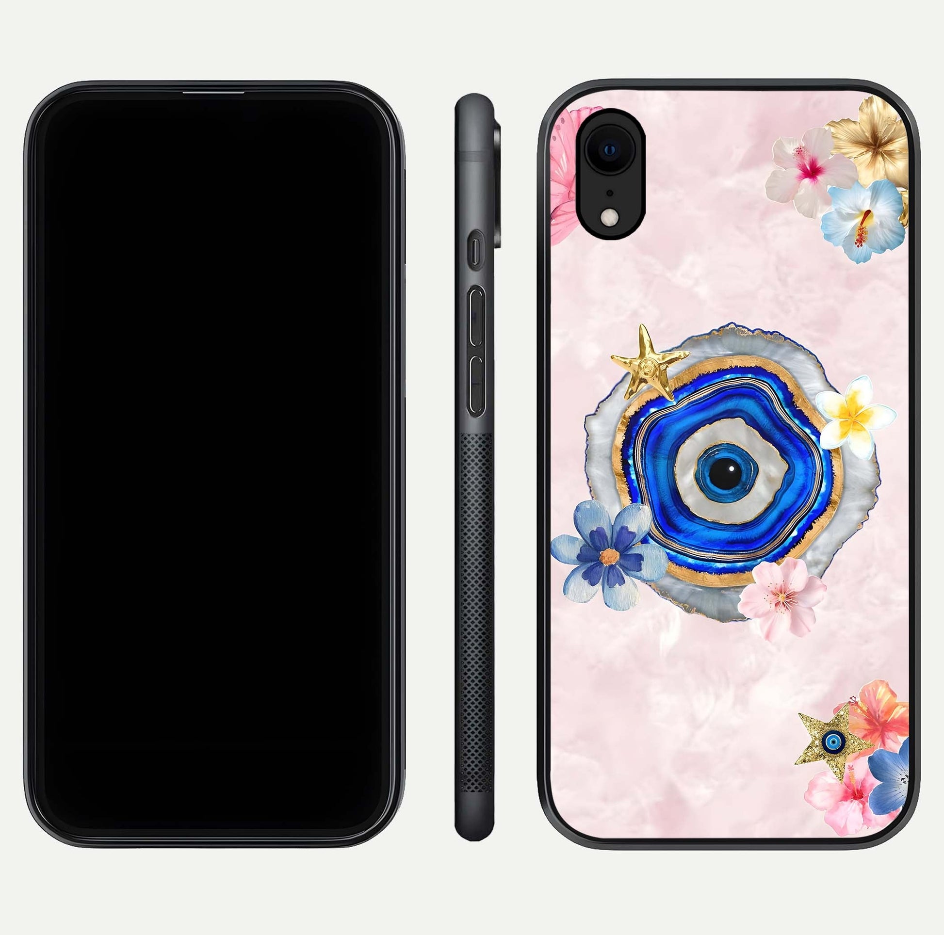 Divine Aura Bloom Glass Case for iPhone Xr dual-view layout displaying divine color tones and smooth edges