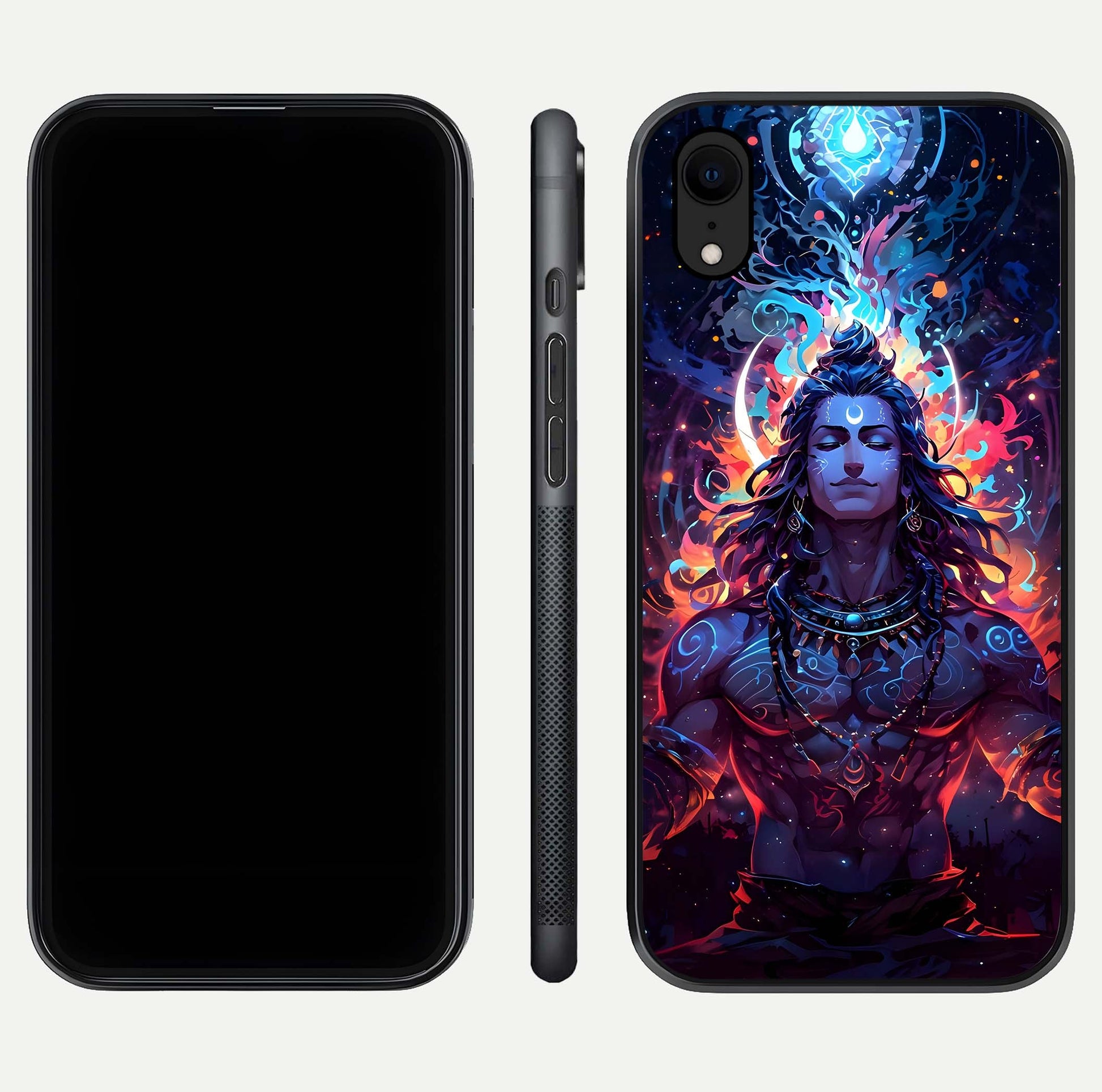 Divine Fire Shiv Glass Case for iPhone Xr dual-view layout displaying HD deity print and curved edges