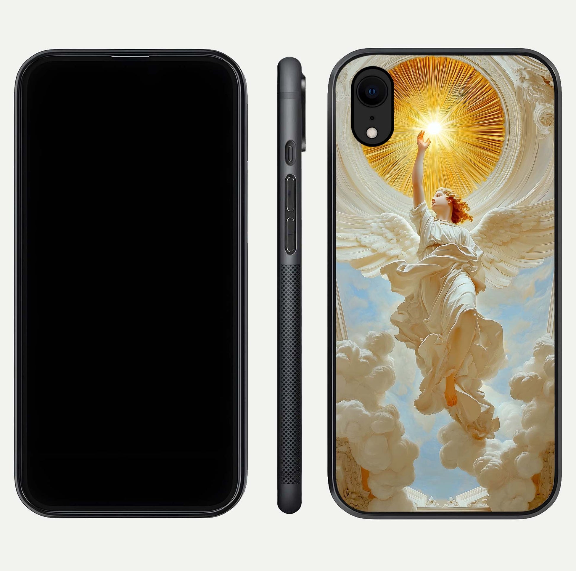 Divine Light Angel Glass Case for iPhone Xr dual-view layout displaying celestial tones and smooth curves