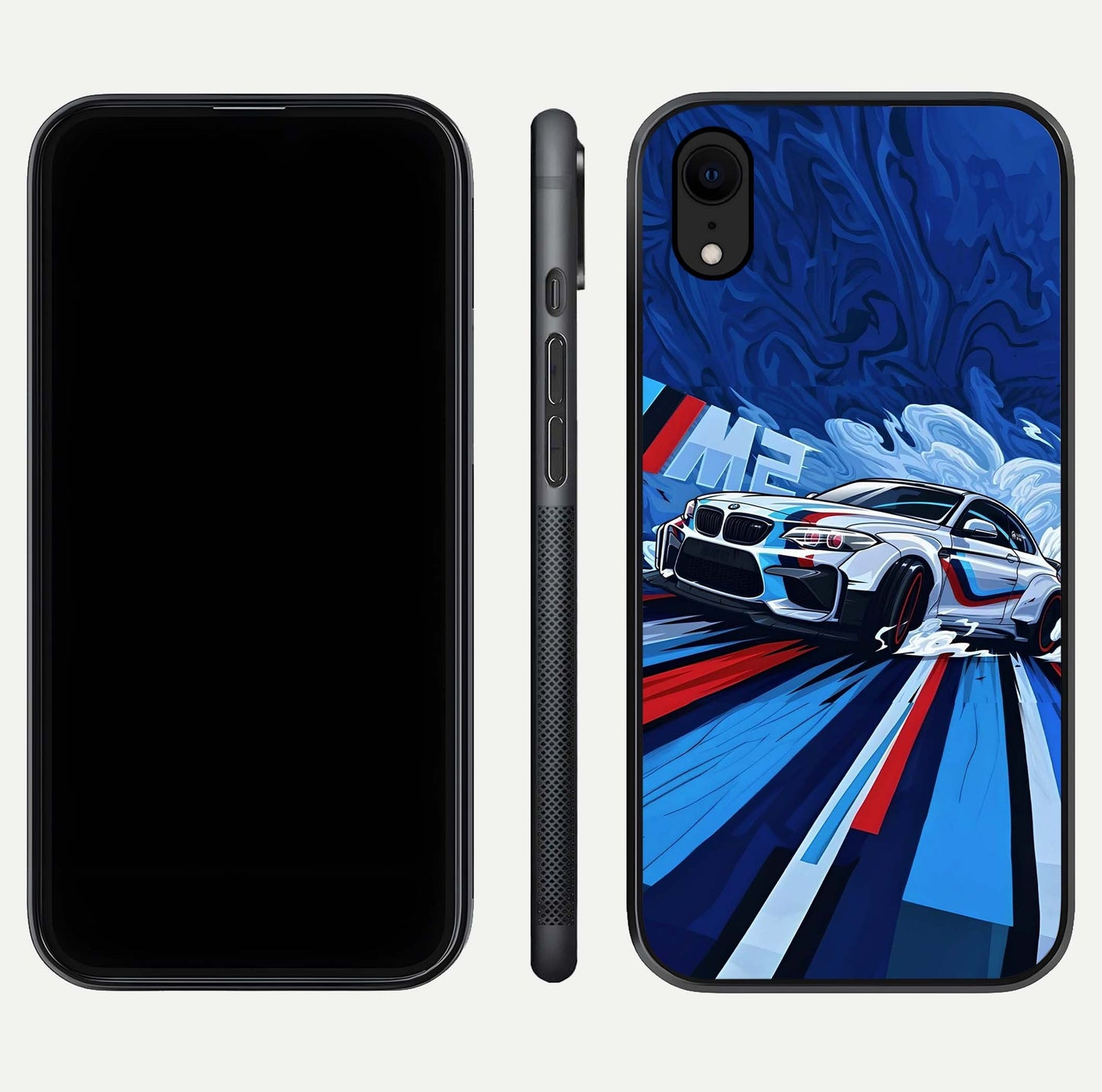 Drift Power Rush Glass Case for iPhone Xr dual-view layout displaying dynamic motion art and HD gloss