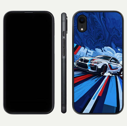 Drift Power Rush Glass Case for iPhone Xr dual-view layout displaying dynamic motion art and HD gloss