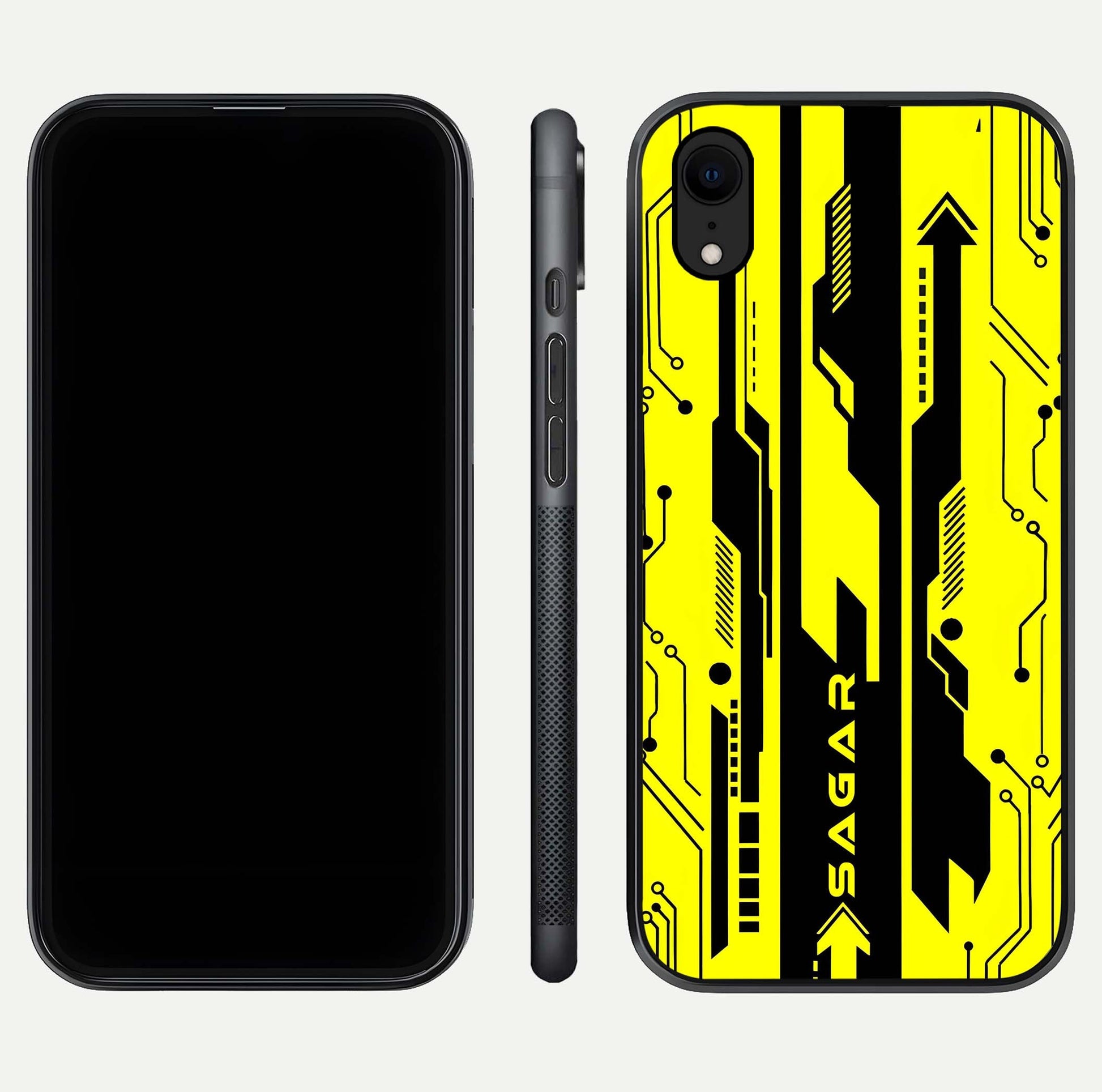 Electric Pulse CYBERPUNK Custom Name Glass Case for iPhone Xr dual-view layout displaying futuristic hues and curved glass edges