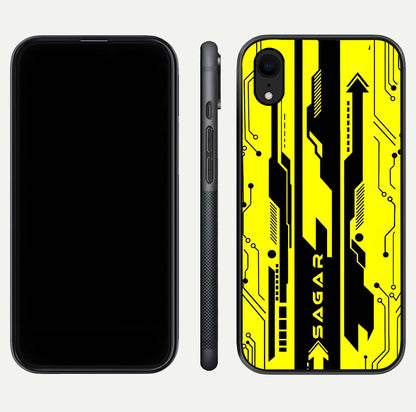 Electric Pulse CYBERPUNK Custom Name Glass Case for iPhone Xr dual-view layout displaying futuristic hues and curved glass edges