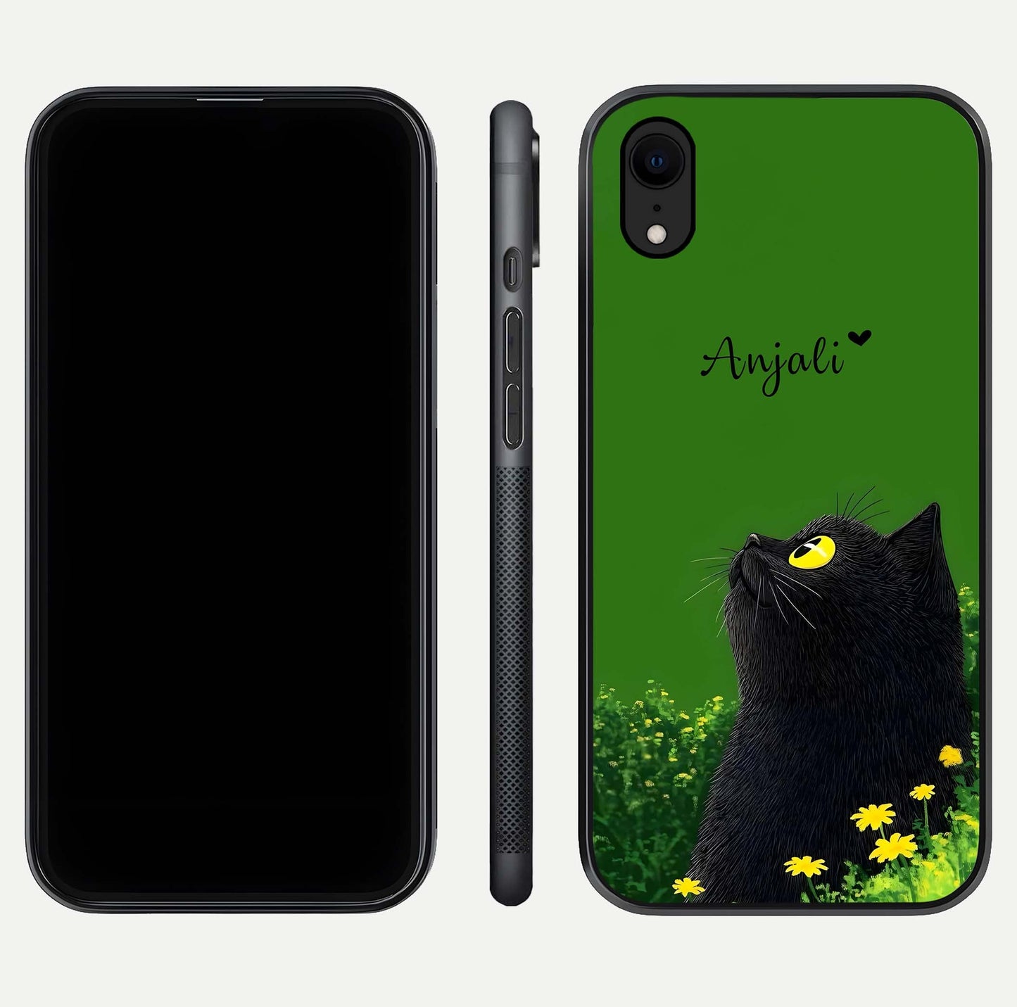 Emerald Cat Custom Name Glass Case for iPhone Xr dual-view layout displaying artistic tones and smooth curves