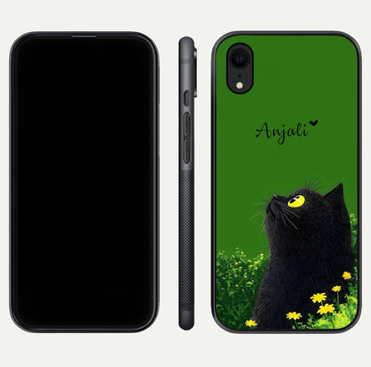 Emerald Cat Custom Name Glass Case for iPhone Xr dual-view layout displaying artistic tones and smooth curves