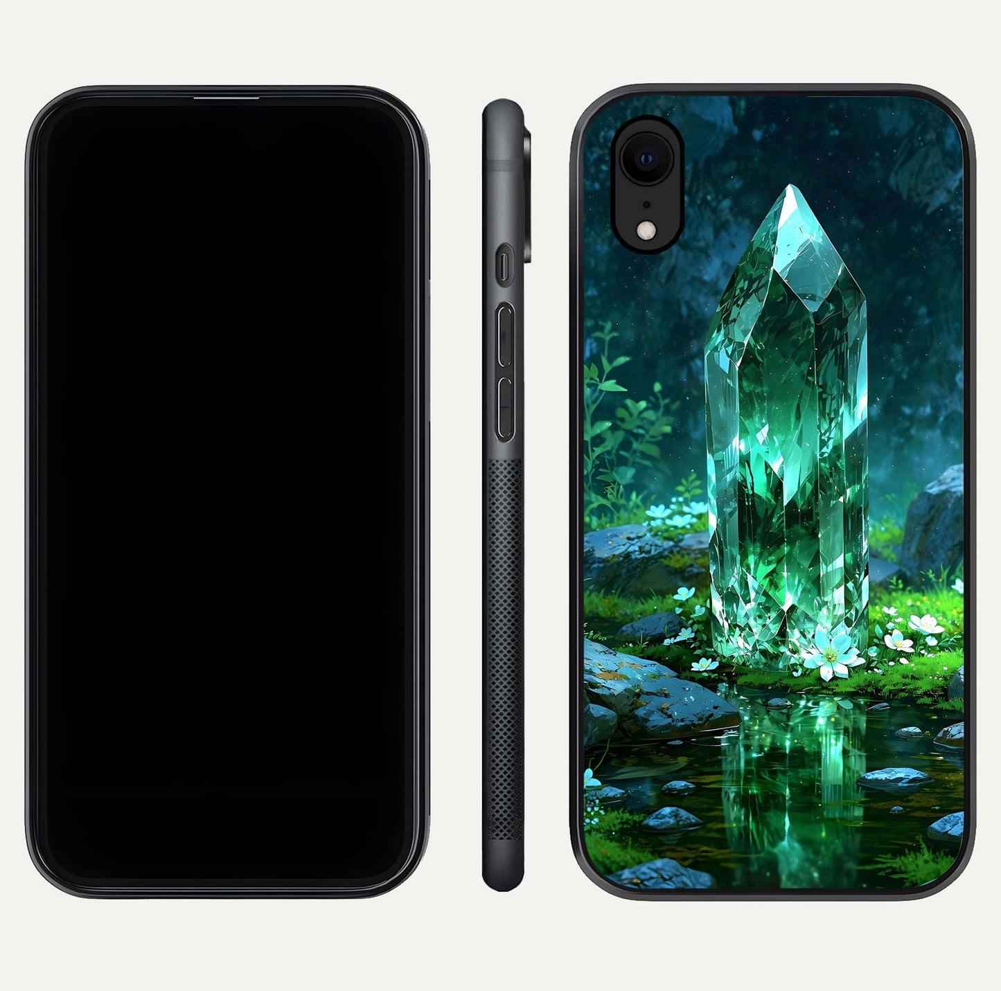 Emerald Light Crystal Glass Case for iPhone Xr dual-view layout displaying gem-like tones and polished edge