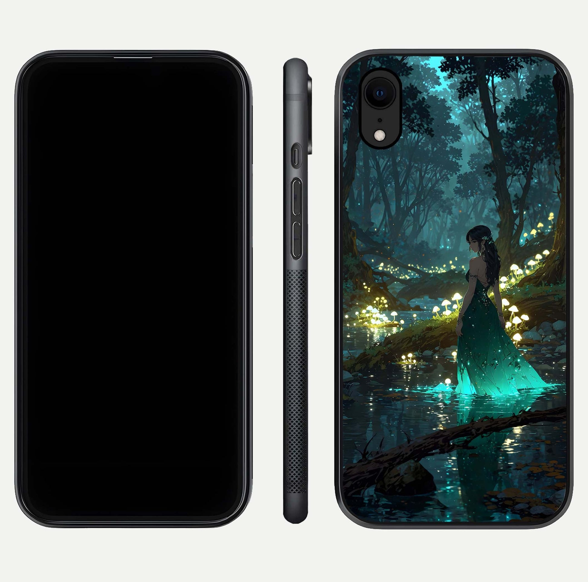 Enchanted Forest Glow Glass Case for iPhone Xr dual-view layout displaying green tones and smooth glass