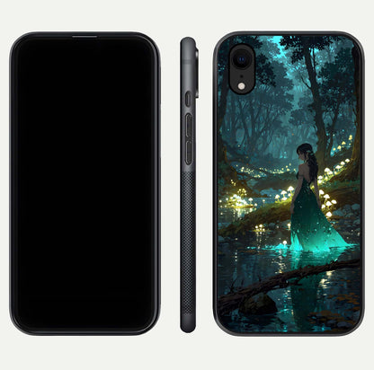 Enchanted Forest Glow Glass Case for iPhone Xr dual-view layout displaying green tones and smooth glass