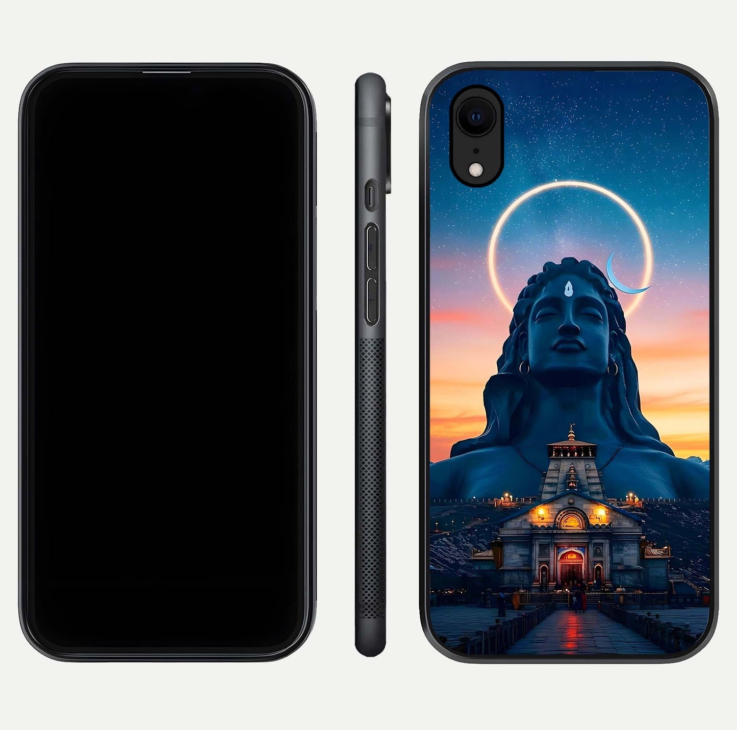 Eternal Shiva Aura Glass Case for iPhone Xr dual-view layout displaying HD deity print and smooth edge
