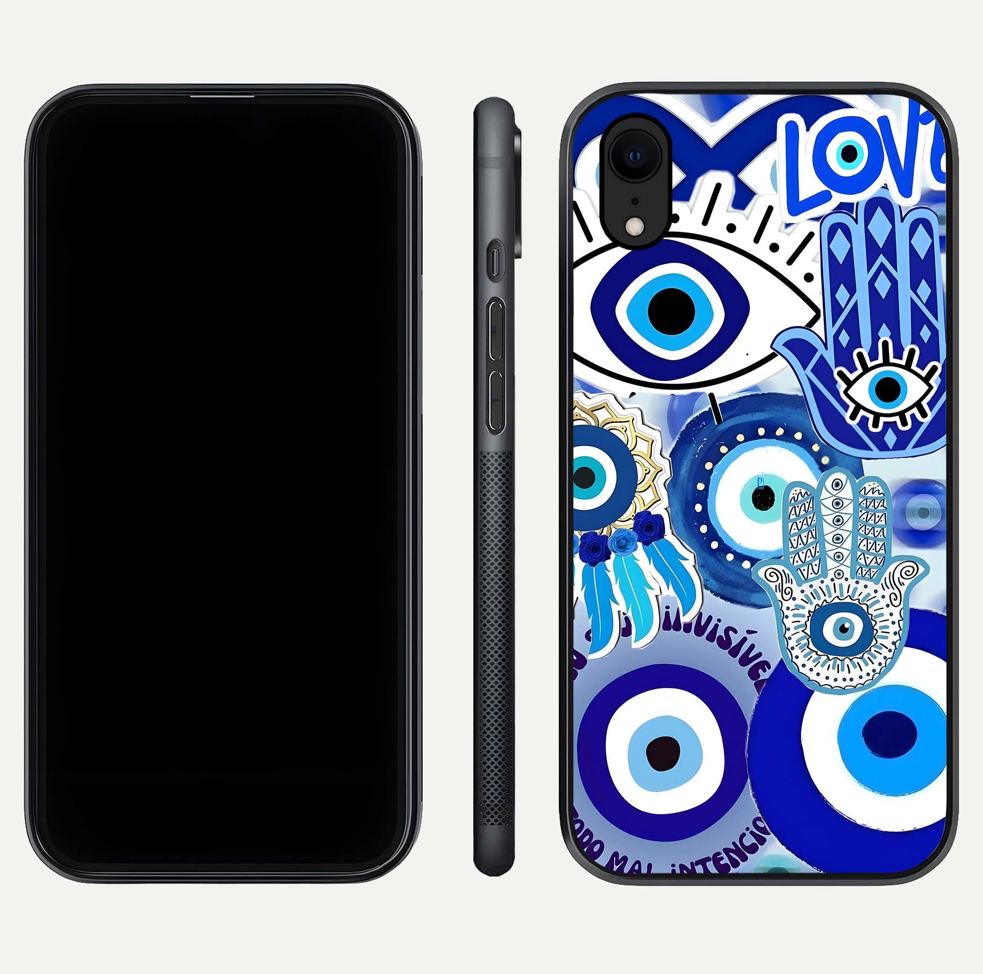 Evil Eyes Dream Glass Case for iPhone Xr dual-view layout displaying spiritual motif and polished curved edge
