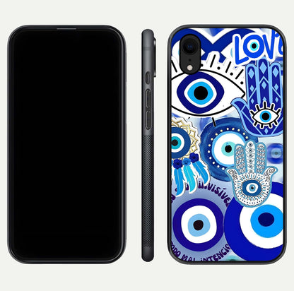 Evil Eyes Dream Glass Case for iPhone Xr dual-view layout displaying spiritual motif and polished curved edge