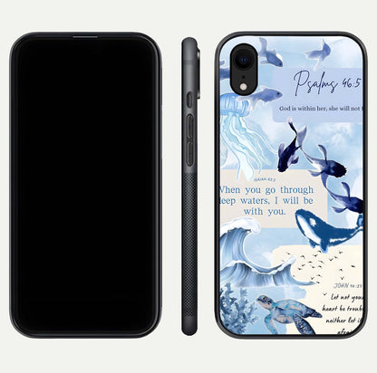 Faithful Ocean Promise Glass Case for iPhone Xr dual-view layout showing sea horizon art and curved polish