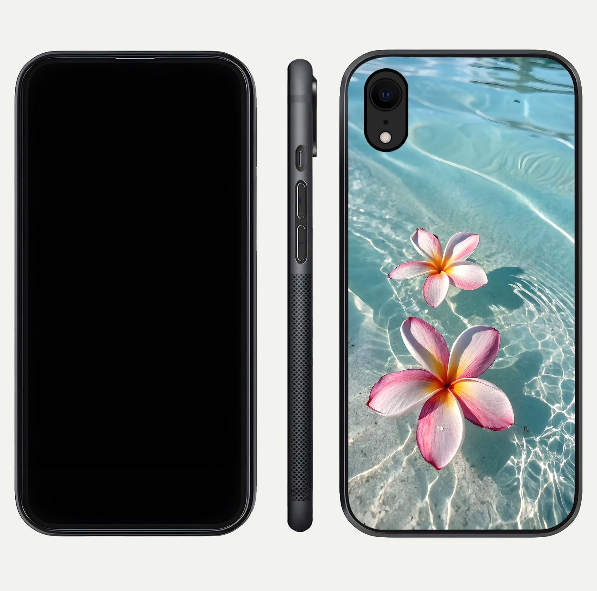 Floating Bloom Bliss Glass Case for iPhone Xr dual-view layout displaying soft pastel flowers and curved glass