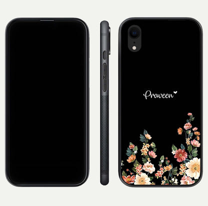 Floral Design Personalized Custom Name Glass Case for iPhone Xr dual-view layout displaying artistic tones and curved finish