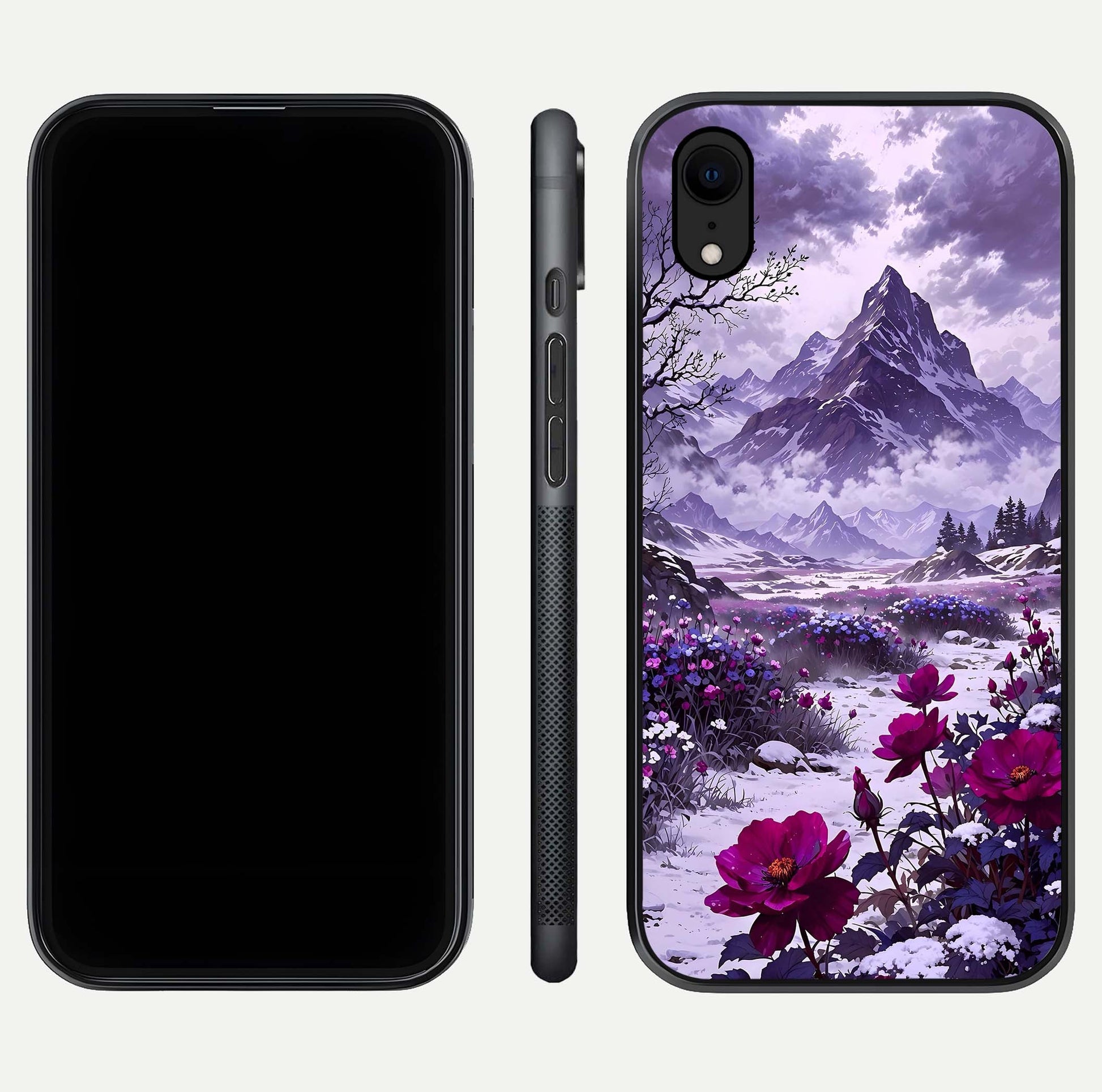 Flower Mountain View Glass Case for iPhone Xr dual-view layout displaying scenic tones and curved glass finish