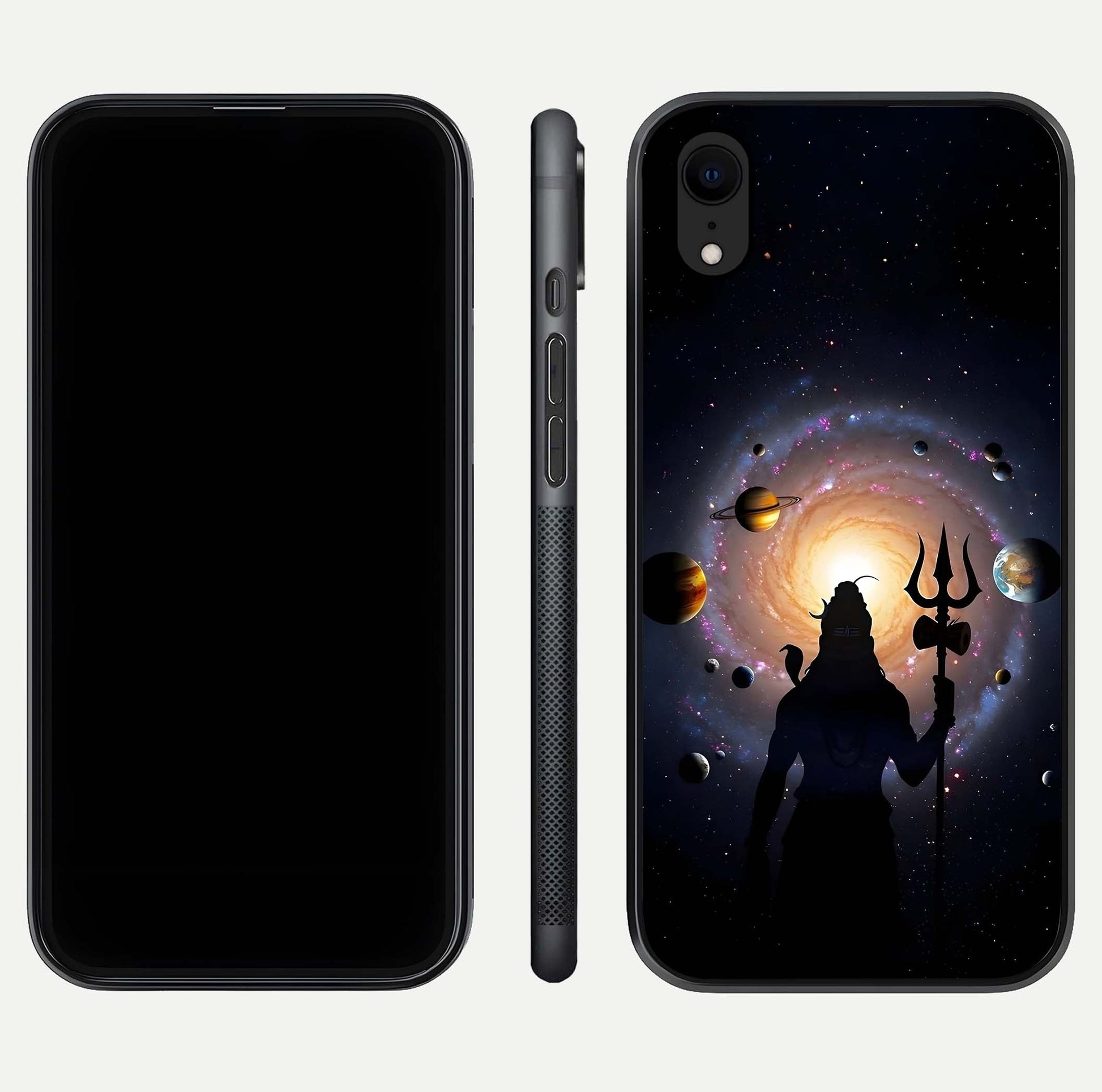 Galactic Shiva Vision Glass Case for iPhone Xr front and back view layout showing celestial background and polished curved glass