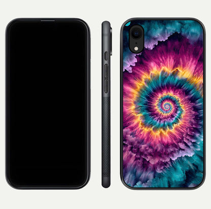 Galactic Spiral Burst Glass Case for iPhone Xr front and back view layout highlighting cosmic swirl and curved edges