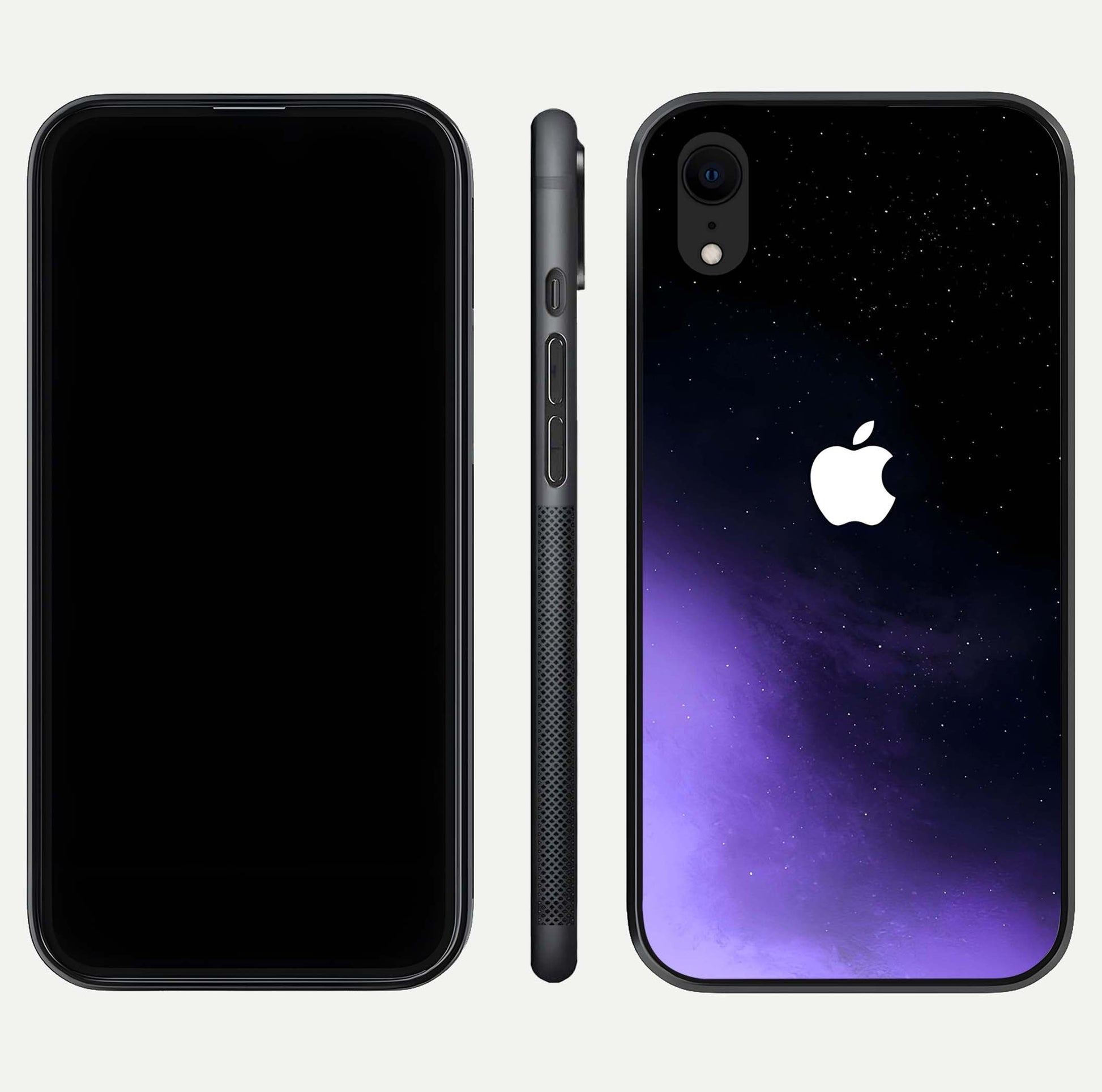 Galaxy Apple Aura Glass Case for iPhone Xr front and back view layout displaying cosmic tones and premium curved glass edges