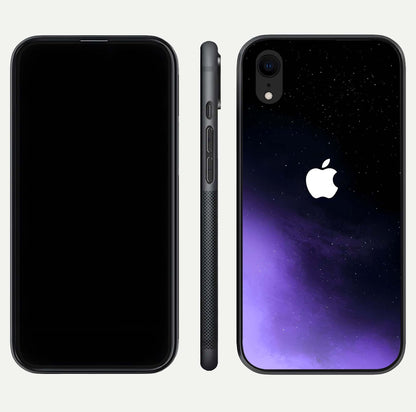Galaxy Apple Aura Glass Case for iPhone Xr front and back view layout displaying cosmic tones and premium curved glass edges