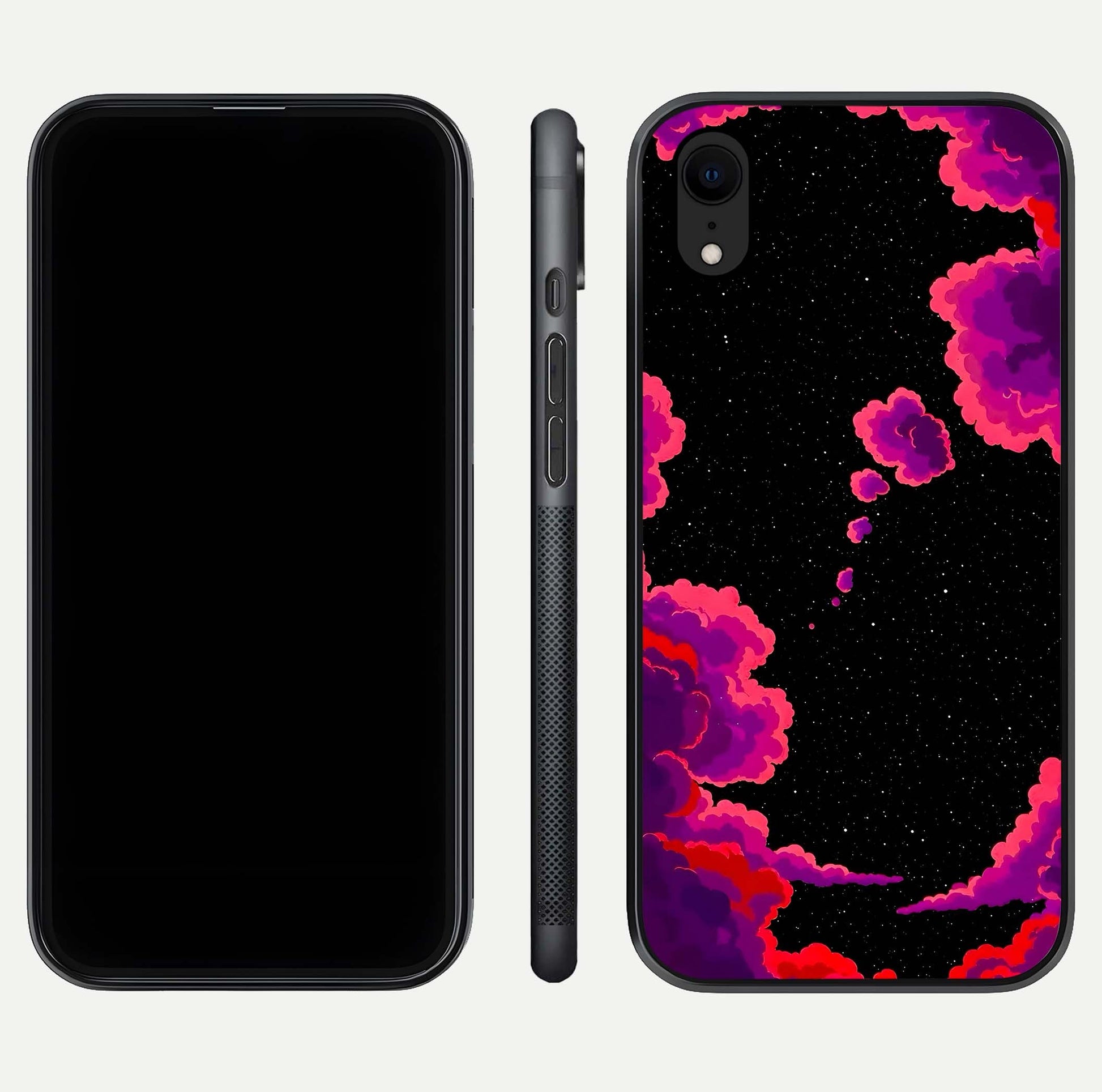 Galaxy Dream Frame Glass Case for iPhone Xr front and back view layout highlighting cosmic design and smooth glass curvature