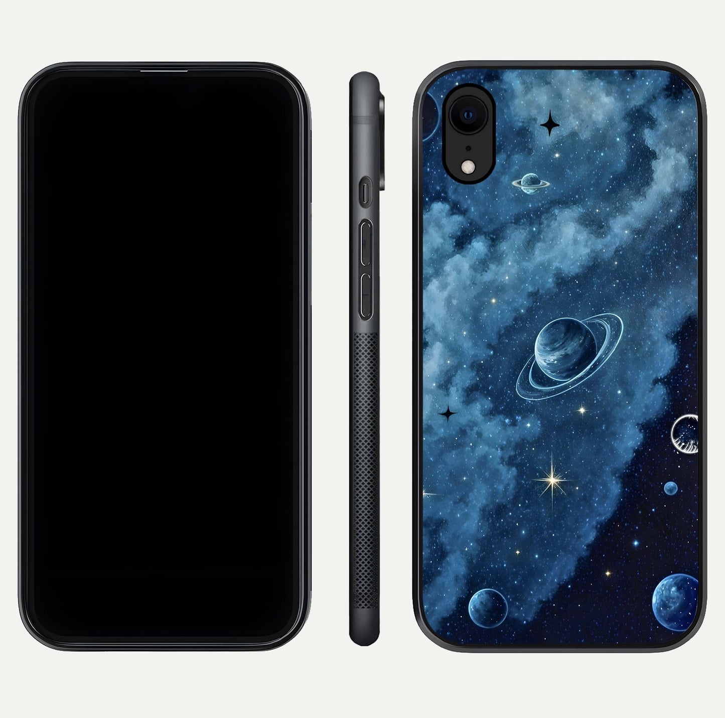 Galaxy Dream Space Glass Case for iPhone Xr front and back view layout showing deep-space tones and curved edges