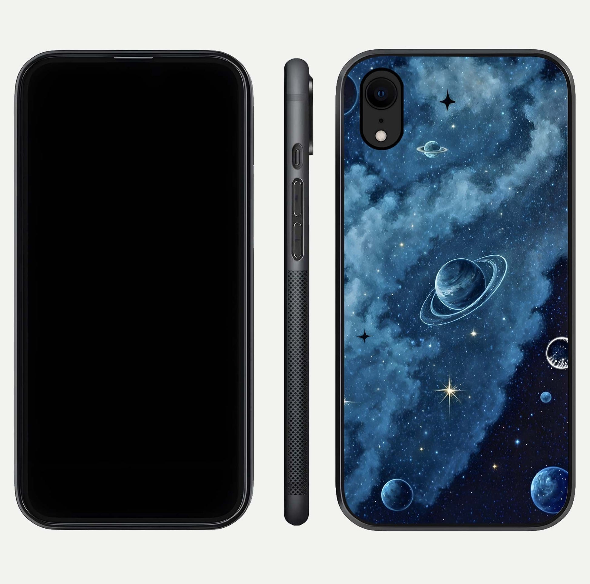Galaxy Dream Space Glass Case for iPhone Xr front and back view layout showing deep-space tones and curved edges