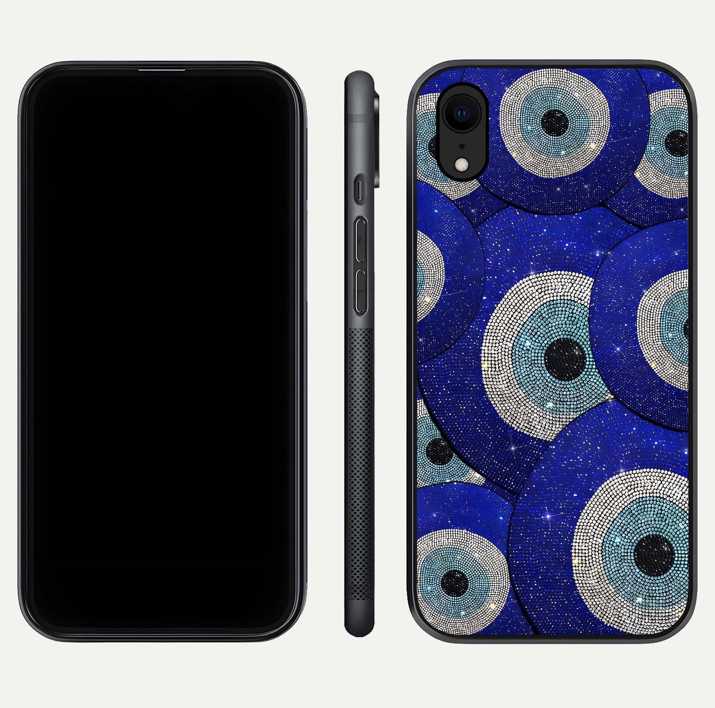 Galaxy Eye Flow Glass Case for iPhone Xr front and back view layout displaying cosmic art and curved glass borders