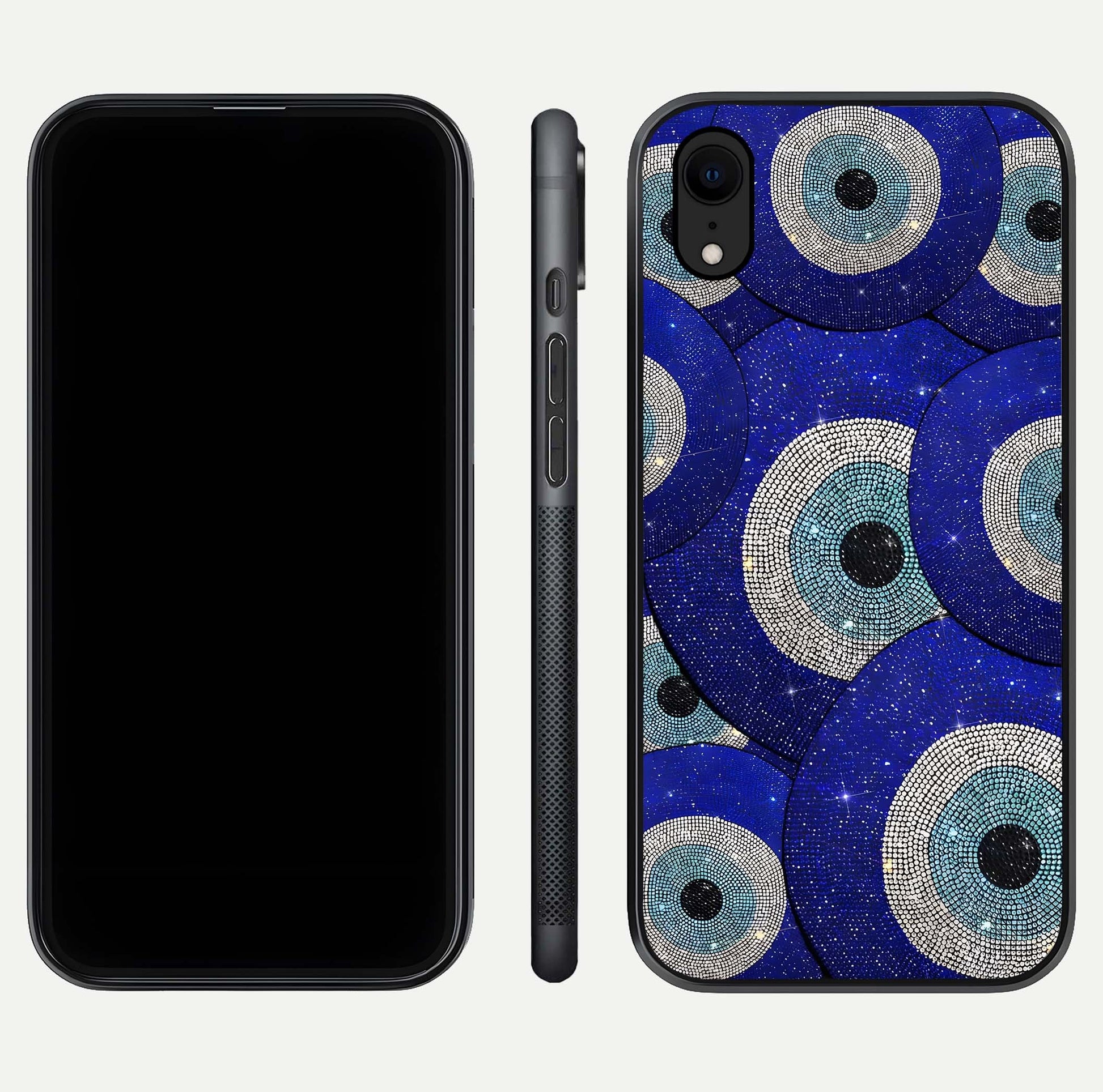 Galaxy Eye Flow Glass Case for iPhone Xr front and back view layout displaying cosmic art and curved glass borders