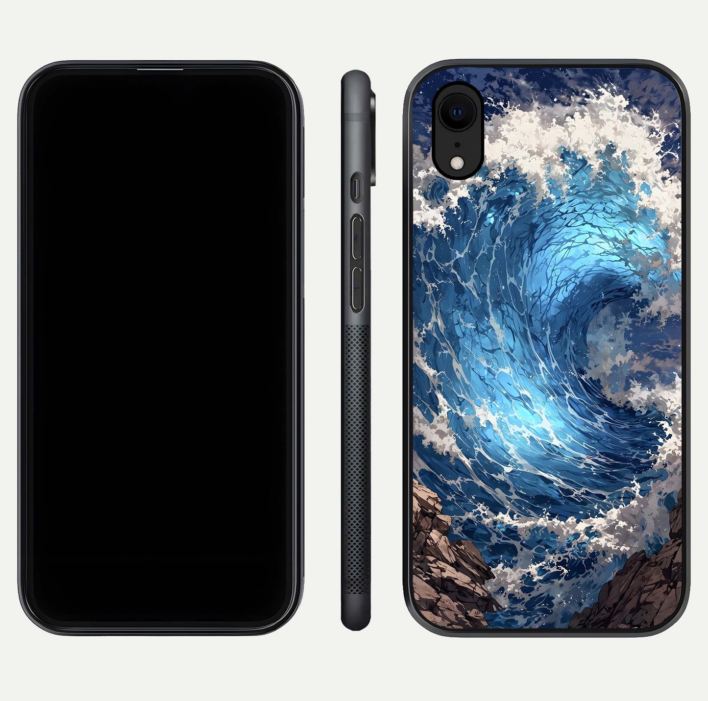 Giant Ocean Wave Glass Case for iPhone Xr front and back view layout displaying sea tones and smooth curved edges