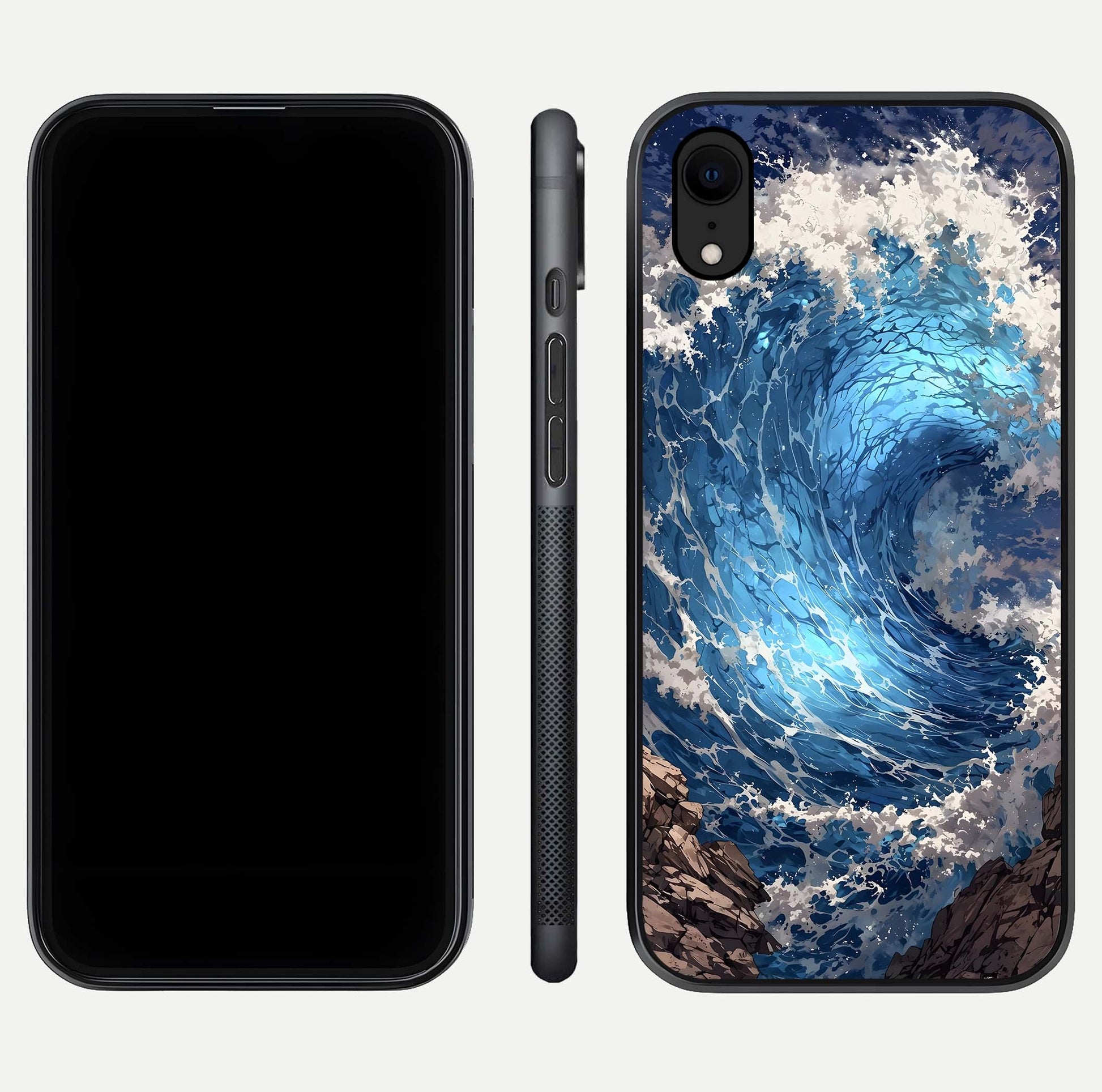 Giant Ocean Wave Glass Case for iPhone Xr front and back view layout displaying sea tones and smooth curved edges