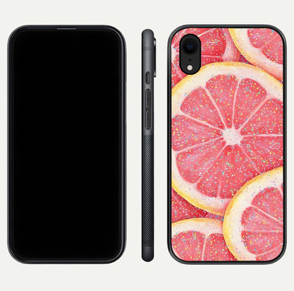 Glitter Grapefruit Glass Case for iPhone Xr front and back view layout highlighting citrus hues and smooth glass