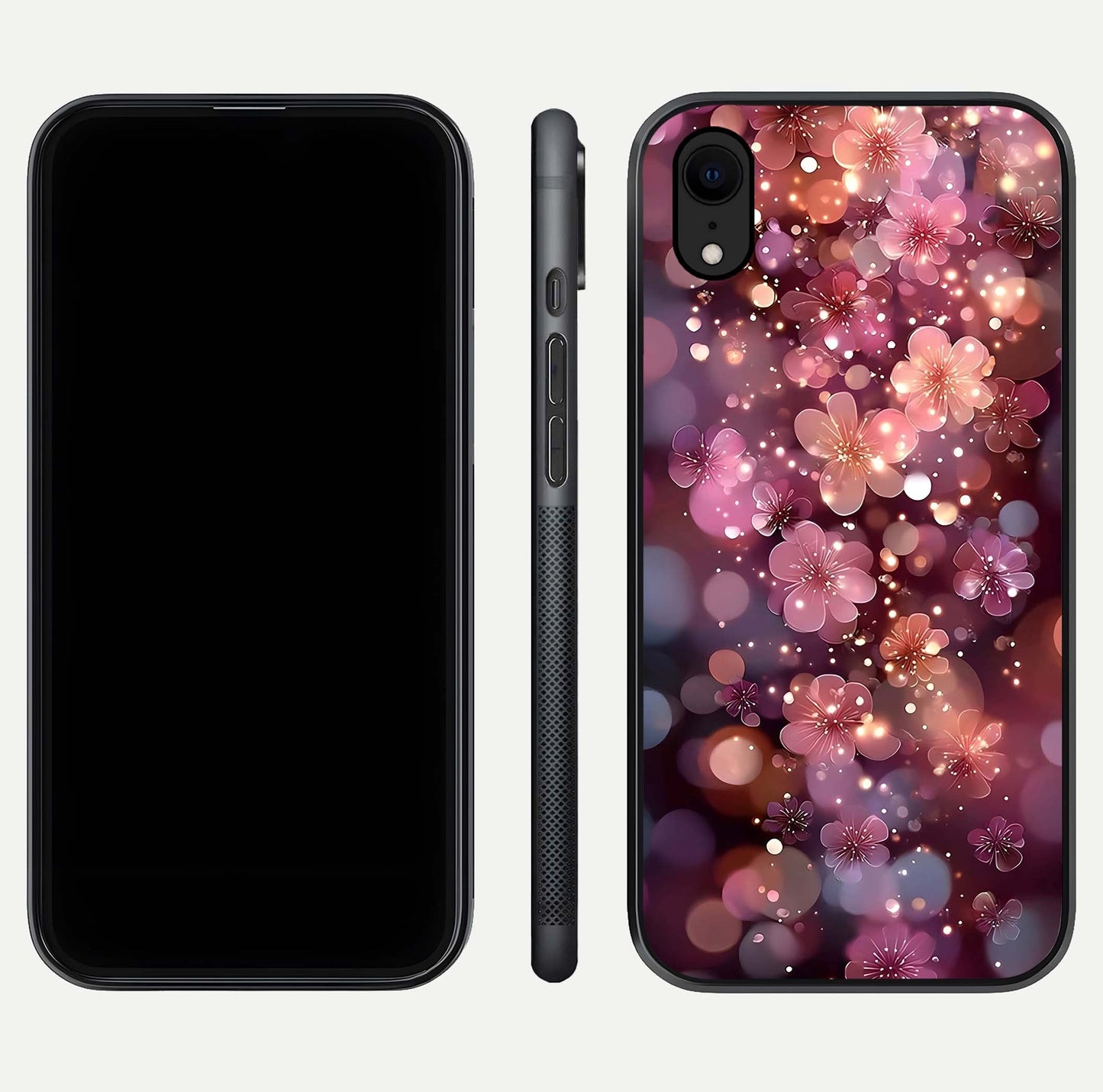 Glowing Petal Bliss Glass Case for iPhone Xr front and back view layout displaying artistic floral design and curved glass