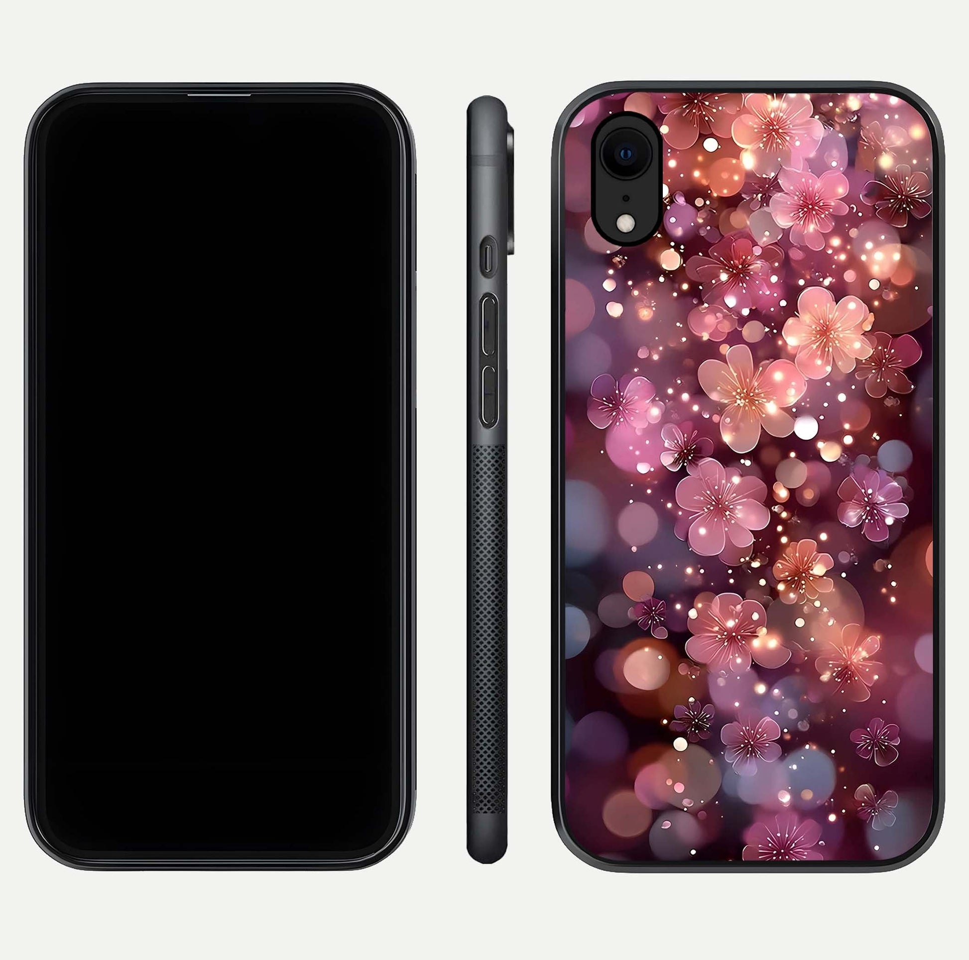 Glowing Petal Bliss Glass Case for iPhone Xr front and back view layout displaying artistic floral design and curved glass