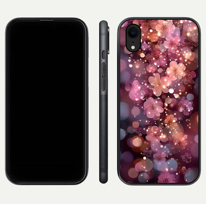 Glowing Petal Bliss Glass Case for iPhone Xr front and back view layout displaying artistic floral design and curved glass