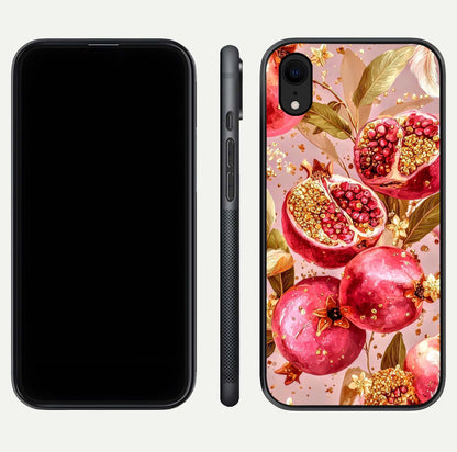 Golden Bloom Glow Glass Case for iPhone Xr front and back view layout highlighting luxury floral pattern and curved edges