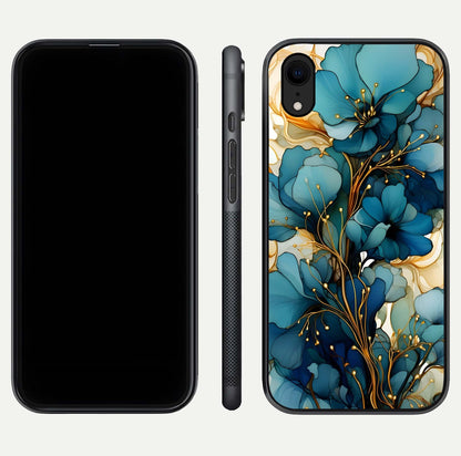 Golden Bloom Symphony Glass Case for iPhone Xr front and back view layout highlighting rich floral tones and curved glass edges