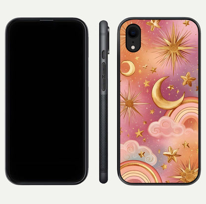 Golden Celestial Dreams Glass Case for iPhone Xr front and back view layout highlighting celestial motifs and smooth curved edge
