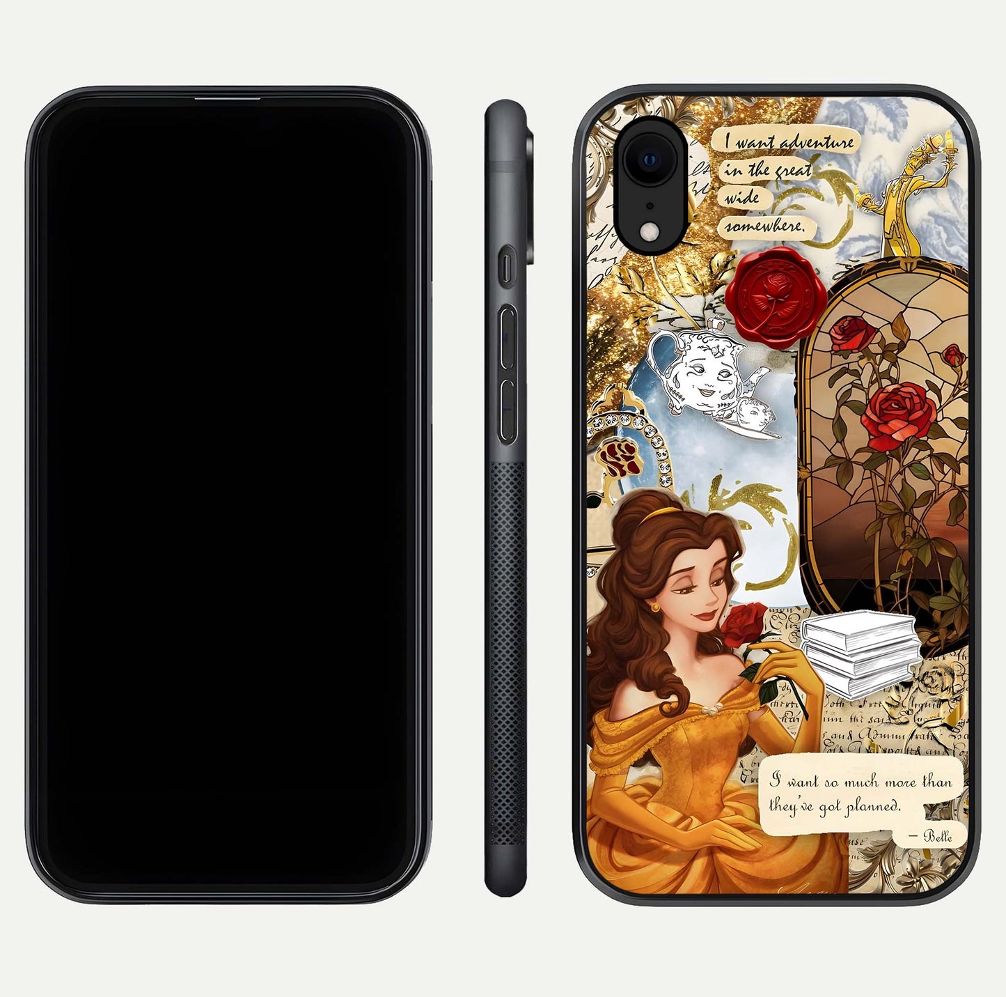 Golden Dream Belle Glass Case for iPhone Xr front and back view layout displaying dreamy golden theme and smooth curvature