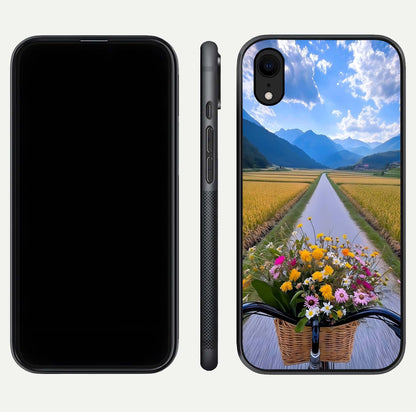 Golden Field Journey Glass Case for iPhone Xr front and back view layout highlighting natural gradient and smooth glass finish