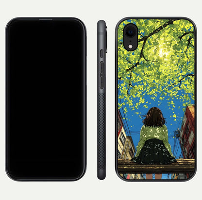 Golden Leaves Glow Glass Case for iPhone Xr front and back view layout highlighting glowing tones and curved edges