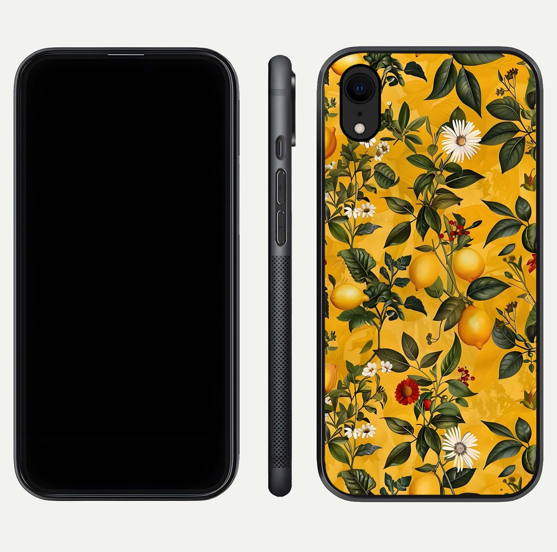 Golden Lemon Field Glass Case for iPhone Xr front and back view layout highlighting fruity tones and curved glass edges