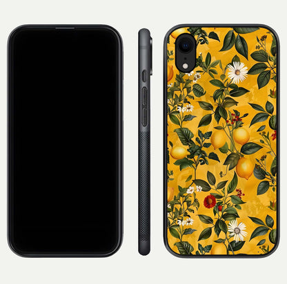 Golden Lemon Field Glass Case for iPhone Xr front and back view layout highlighting fruity tones and curved glass edges